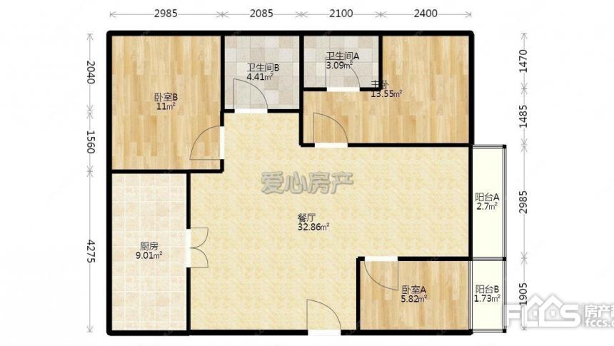 阳光家园 电梯房 128平 3室2厅 飞机户型